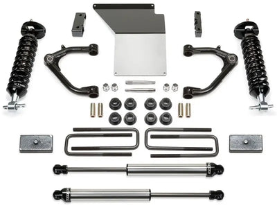 K1071DL Fabtech Lift Kit Suspension components including shocks, control arms, brackets, and hardware for enhanced vehicle performance and style.