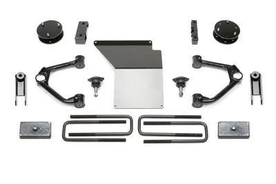 K1097 Fabtech Lift Kit Suspension components arranged in an organized layout, showcasing high-quality materials and off-road performance enhancements.