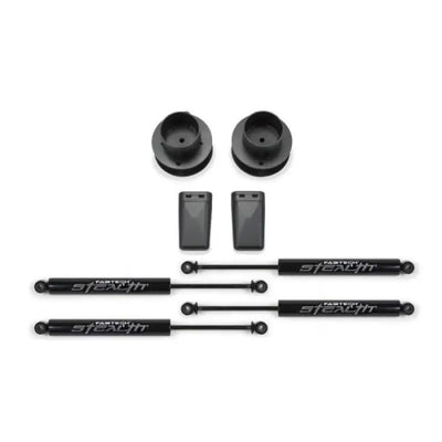 Fabtech K3056M Leveling Kit Suspension components for leveling vehicle front and rear, enhancing performance and appearance.