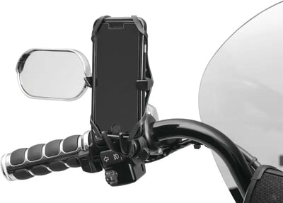 Motorcycle handlebar phone mount with Kuryakyn Free-Flex device holder perch screw mount