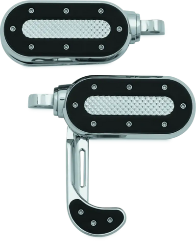 Chrome and black motorcycle footpegs and heel rest for Kuryakyn Heavy Industry Switchblade