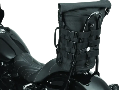 Kuryakyn Momentum Deadbeat Duffle Bag mounted on motorcycle backrest, versatile for RV, Automotive, Powersports, off-road, marine, exterior, truck accessories, interior, truck bed, RV parts, AVADA - Best Sellers, Bags & Packs, Bags - Bike Bags.