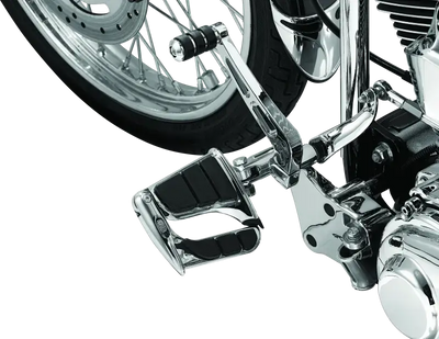 Kuryakyn Swingwing Peg with Male Mount Adapter in chrome finish, installed on a motorcycle, showcasing adjustable foot positioning and durable construction.
