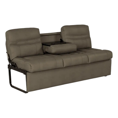Beige leather Lippert Comp Jacknife Sofa-68 with center console for comfy lounging