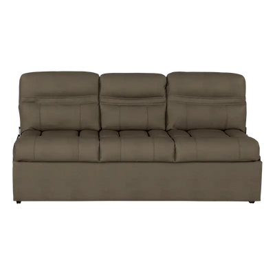 Lippert Comp Jacknife Sofa-68’ with a comfy three-cushion taupe sofa in the pic