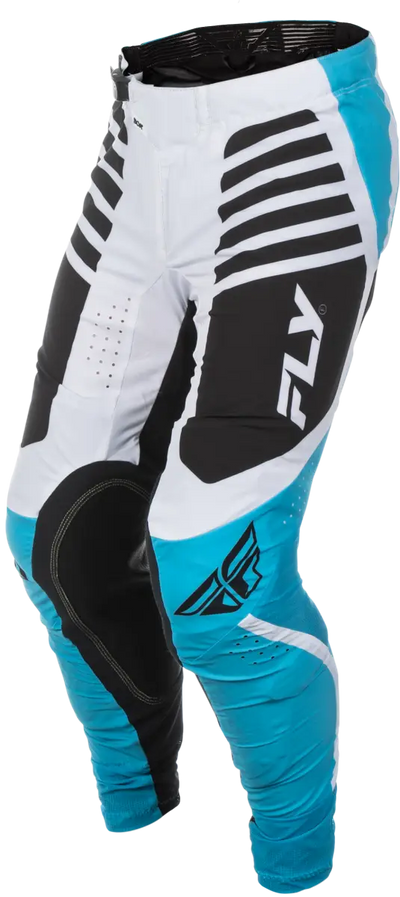 White black and blue motocross pants with FLY logo, perfect for rv parts accessories