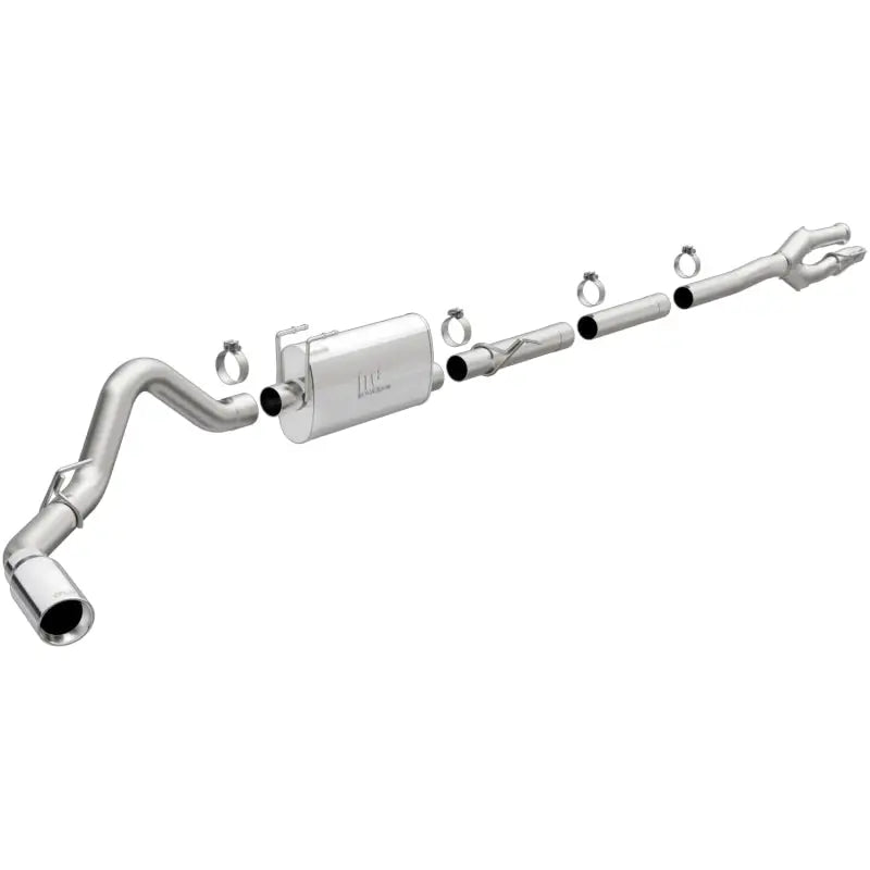 MagnaFlow CatBack 17-18 Ford F-250/F-350 6.2L Stainless Steel Exhaust with Single Side Exit, featuring 3.5in. mandrel bent main piping, a single straight-through muffler, and 5in. polished, welded-on double wall-angle cut-rolled edge tips.