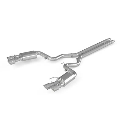 Shiny metal exhaust system with dual wall tips on Ford Mustang 3in dual split setup