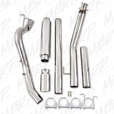 MBRP 1994-2002 Dodge 2500/3500 Cummins Turbo Back Single Side Exhaust System components including down pipe, ext. pipes, muffler, tailpipe, hardware, and 5" tip made from T409 stainless steel.