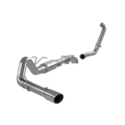 MBRP 2003-2007 Ford F-250/350 6.0L EC/CC Turbo Back Single Side exhaust system, 4-inch T409 stainless steel with 5-inch tip, includes downpipe, mid pipe, muffler, and tailpipe.