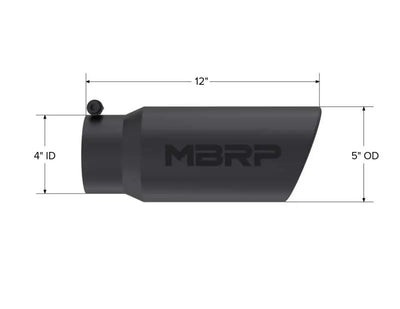MBRP Universal Tip 5 O.D. Angled Rolled End 4" Inlet, 12" Length - Black Finish, T304 Stainless Steel, Perfect Fit, Durable, Stylish Automotive Exhaust Component.