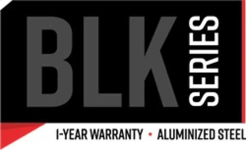 MBRP BLK Series logo with text: "1-Year Warranty - Aluminized Steel"