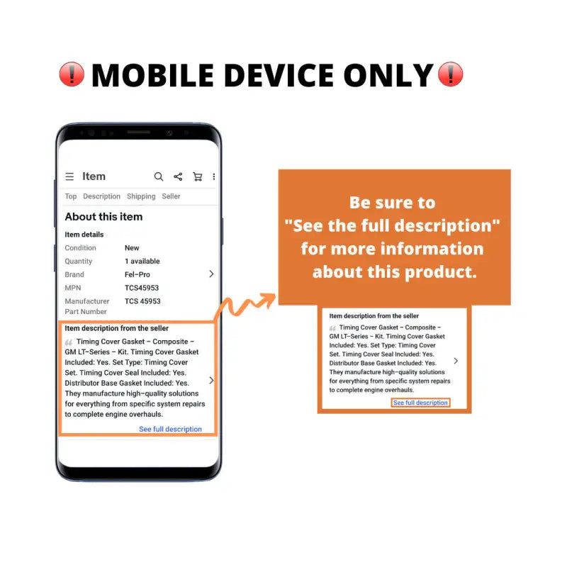 "Mobile Device Only" graphic showing a phone screen with product description and a prompt encouraging users to see the full description for more information.