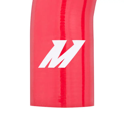 Red silicone coolant hose with white Mishimoto logo from 01-03 Ford 7.3L Powerstroke hose kit