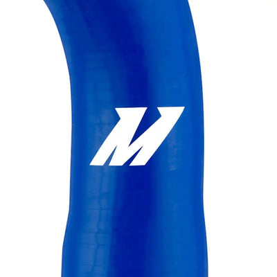 Blue silicone hose with white logo from Mishimoto Mini Cooper S hose kit