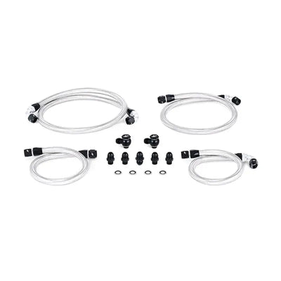 Braided stainless steel fluid transfer hoses and fittings for Mazda RX8 primary oil line
