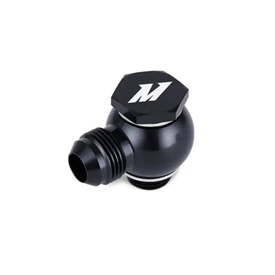 Black aluminum fluid fitting for Mazda RX8 primary replacement oil line upgrade