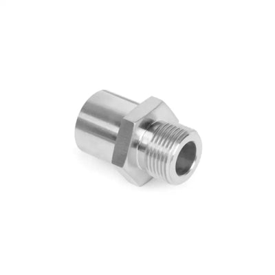 Metal pipe fitting with threaded end for WRX STI oil cooler kit upgrade
