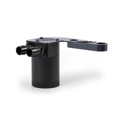 Black cylindrical BMW F8X baffled oil catch can with mounting bracket in Mineral Gray