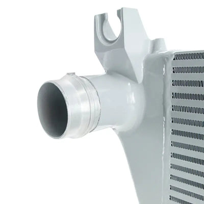Mishimoto 2019+ Ford Ranger 2.3L EcoBoost Performance Intercooler Kit in silver showing CNC-machined quick-disconnect inlet for easy installation.