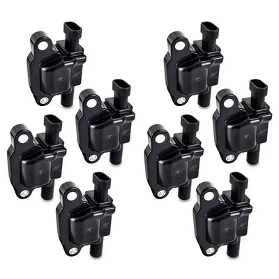 Eight black ignition coils from Mishimoto Gen V LS3 ignition coil set for Chevy engines