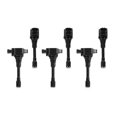 Six black ignition coils from Mishimoto Nissan 370Z ignition coil set of 6