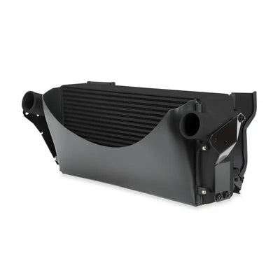 Black Mishimoto intercooler with mounting brackets for Dodge Cummins 6.7L intercooler kit