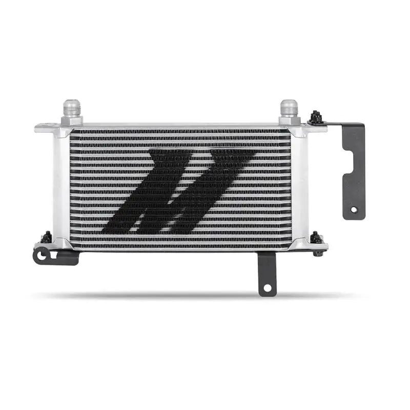 Silver thermostatic oil cooler with mounting brackets for Subaru WRX in oil cooler kit