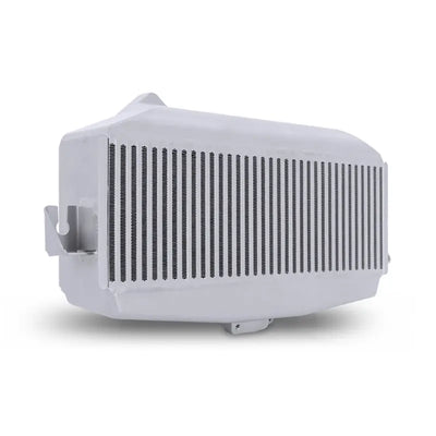 White Subaru WRX top-mount intercooler with vertical fins for improved performance