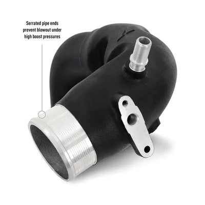 Black aluminum intake manifold with serrated pipe end for stock location int kit on Bronco