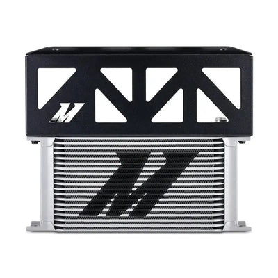 Silver and black oil cooler with protective cage from Mishimoto Subaru BRZ Toyota GR86 oil cooler kit