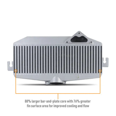 Silver intercooler with mounting brackets from Mishimoto WRX TMIC kit featuring red pipes