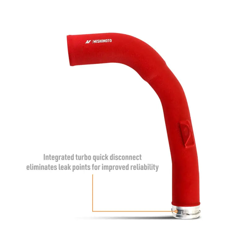 Red silicone turbo inlet hose from Mishimoto 22+ WRX TMIC kit with red pipes
