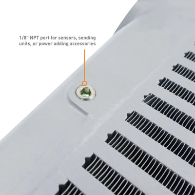 White metal heat exchanger with sensor port in Mishimoto WRX TMIC Kit with red pipes