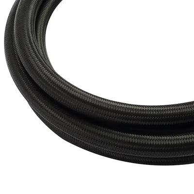 Black Mishimoto 6ft stainless steel braided hose with -10AN fittings for durability