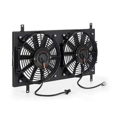 Dual electric radiator fan assembly in Mishimoto aluminum fan shroud kit for Mazda Miata