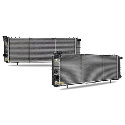 Two automotive radiators for Mishimoto Jeep Cherokee replacement radiator upgrade