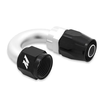 Silver and black Mishimoto Aluminum -10AN 180 Degree Fitting for hoses
