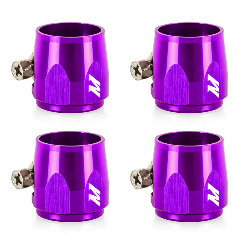 Four purple Mishimoto Aluminum -12AN Hex Finishers hose clamps for automotive use