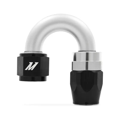 Silver and black mishimoto aluminum -6an 180 degree fitting for seamless hose connection