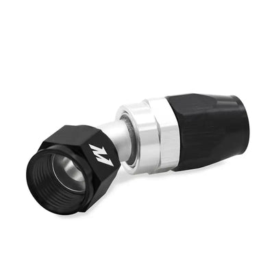 Black and silver Mishimoto Aluminum -6AN 45 Degree Fitting for hoses