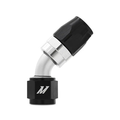 Black and silver Mishimoto Aluminum -6AN 45 Degree Fitting for hoses