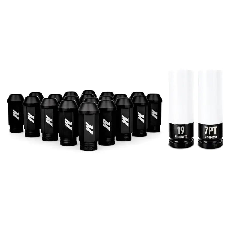 Mishimoto Aluminum Locking Lug Nuts M12x1.25 20pc Set Black with non-marring sockets and key.