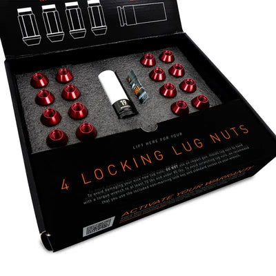 Mishimoto Aluminum Locking Lug Nuts M12x1.25 20pc Set Black, featuring 16 red standard lug nuts, 4 locking lug nuts, non-marring socket, and key in packaging.