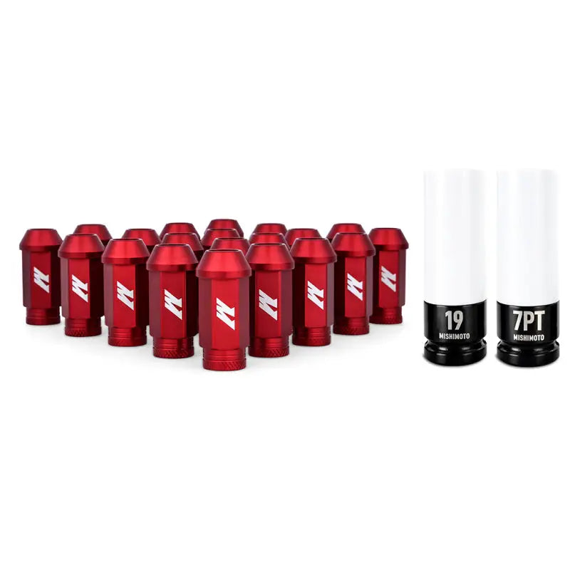 Mishimoto Aluminum Locking Lug Nuts M12x1.5 20pc Set Red, including 16 standard lug nuts, 4 locking lug nuts, one non-marring socket, and one non-marring key.