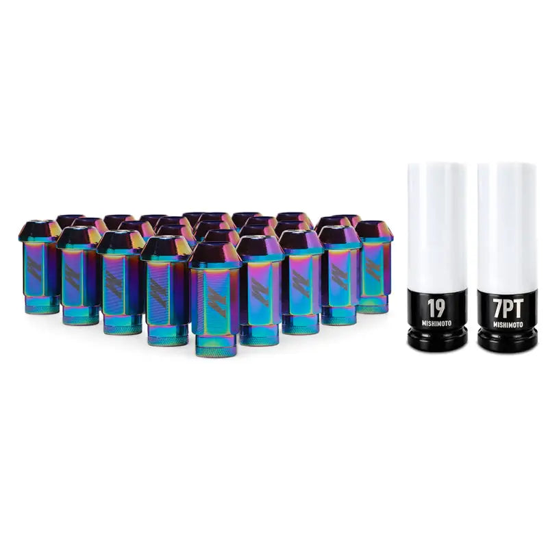 Rainbow-colored lug nuts with sockets from Mishimoto Aluminum Locking Lug Nuts M12x1.5 Neo Chrome set