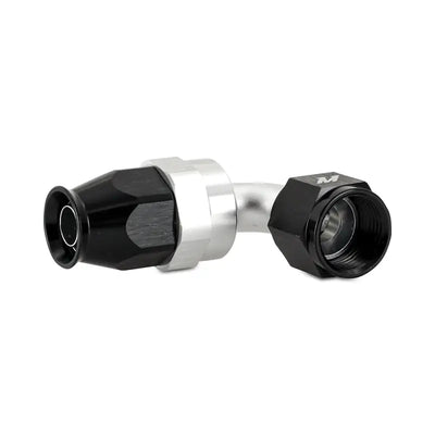 Black and silver Mishimoto Aluminum PTFE -4AN 90 degree hose fitting for performance builds
