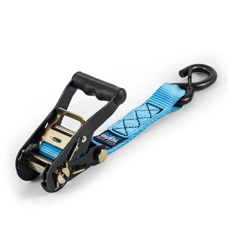 Blue mishimoto heavy-duty ratchet tie-down strap with black handle and hook for secure cargo