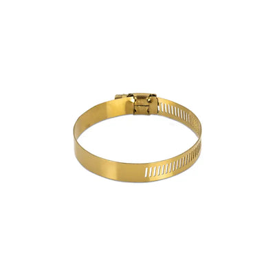 Gold Mishimoto high-torque worm gear clamp for secure hose fixing in automotive uses