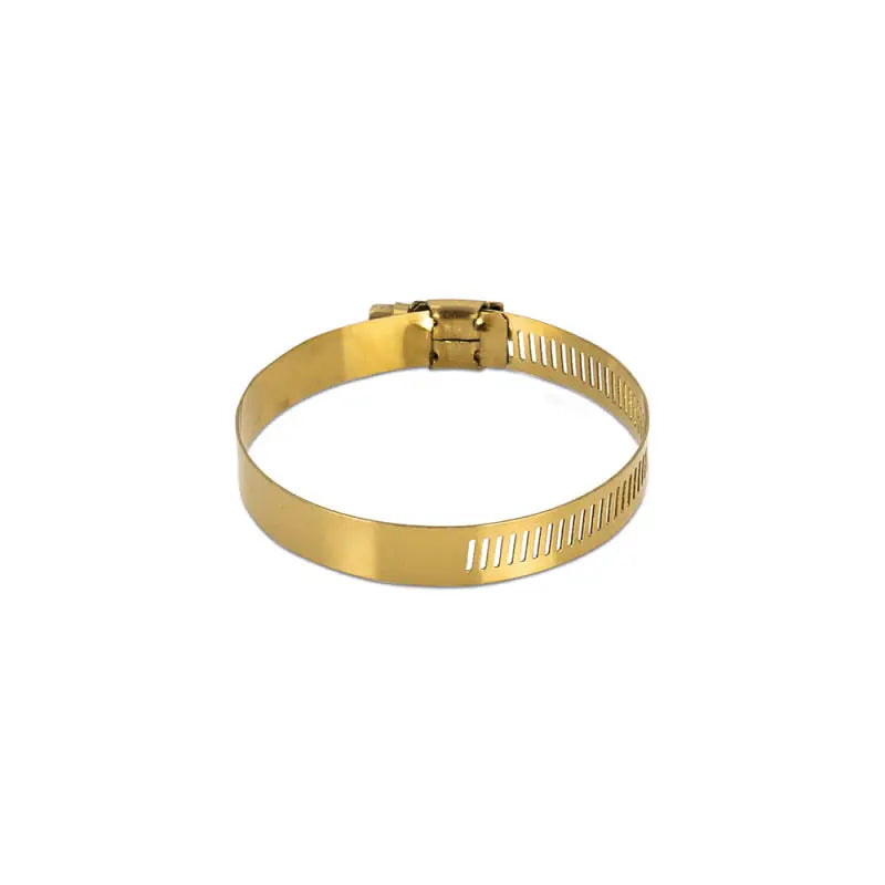Gold Mishimoto high-torque worm gear clamp for secure hose fixing in automotive uses